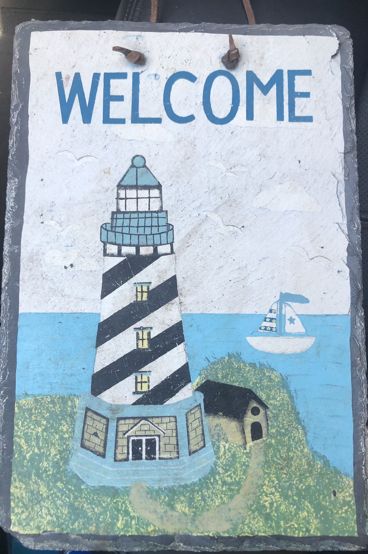 Nice Hand painted Lighthouse/Nautical Slate Welcome Sign Wall Decor 8 X 12”