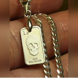 .999 Fine Silver Skull Pendant W/ 925 Sterling Silver Bail 