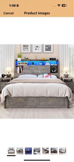 New in box Queen Bed Frame with Storage Headboard, Farmhouse Wood Bed Frame Queen Size with 4 Drawers, LED Light & Charging Station, Metal Slats Suppo