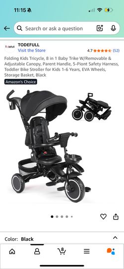 Folding Kids Tricycle, 8 in 1 Baby Trike W/Removable & Adjustable Canopy, Parent Handle