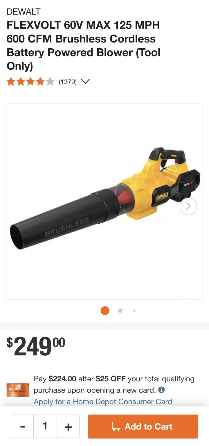 DEWALT
FLEXVOLT 60V MAX 125 MPH
600 CFM Brushless Cordless
Battery Powered Blower (Tool
Only)