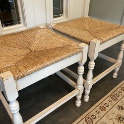Two, Wicker and Wood Short Stools