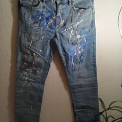 Banana Republic Designer(Sz 33x34) Custom Distressed Slim Straight ( w/ Blk/White/Blue Splatter Paint)