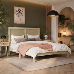 Queen Size Solid Wood Platform Bed Frame With Rattan, Natural.