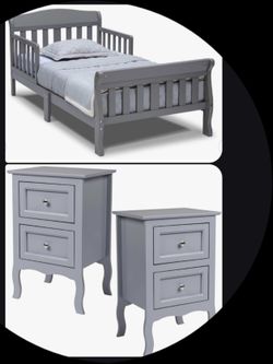 Gray Toddler Bed and Nightstand Set