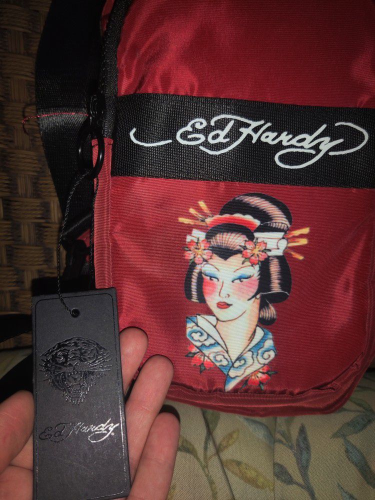 Ed Hardy Red & Black Nylon Crossbody Bag With Geisha.  New with tags.