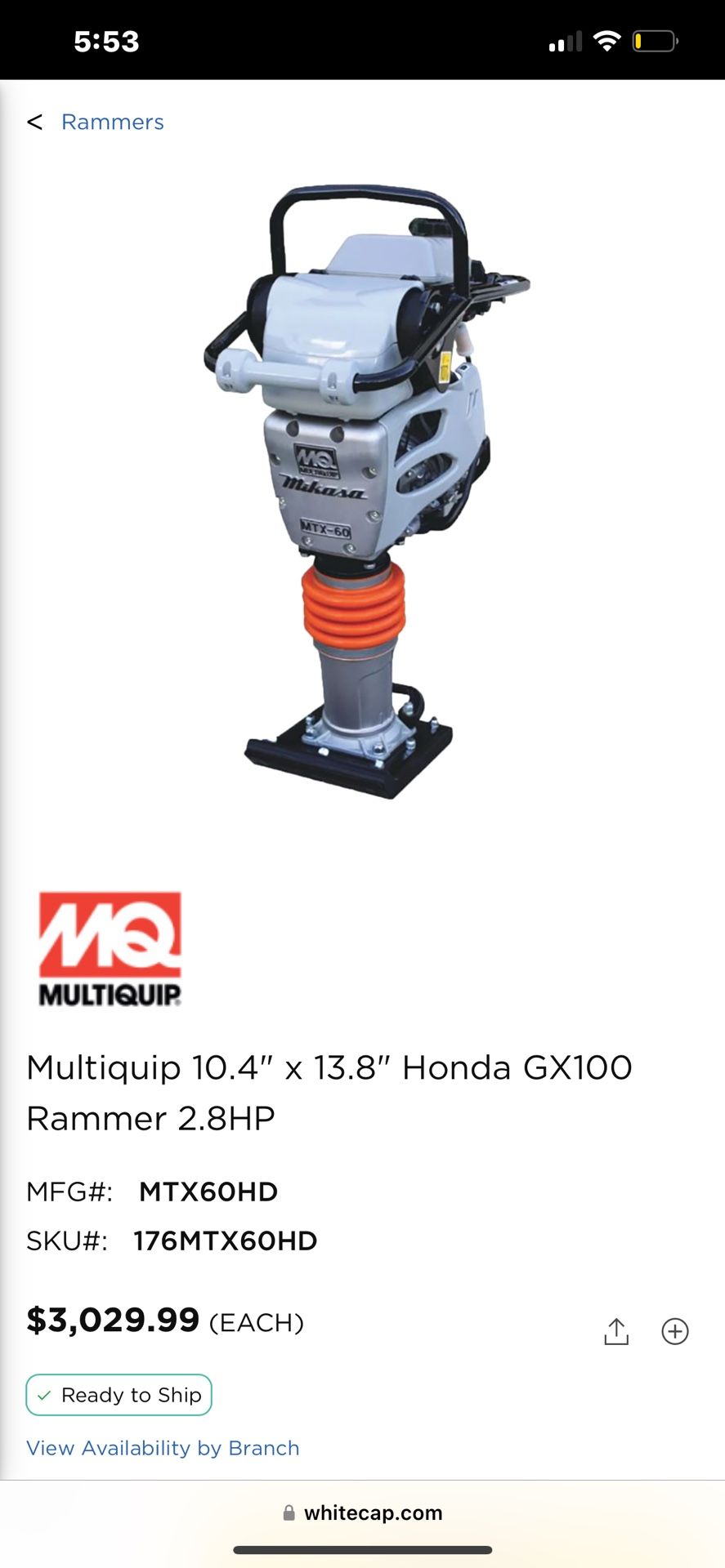 Multiquip 10.4" x 13.8" Honda GX100 Rammer 2.8HP