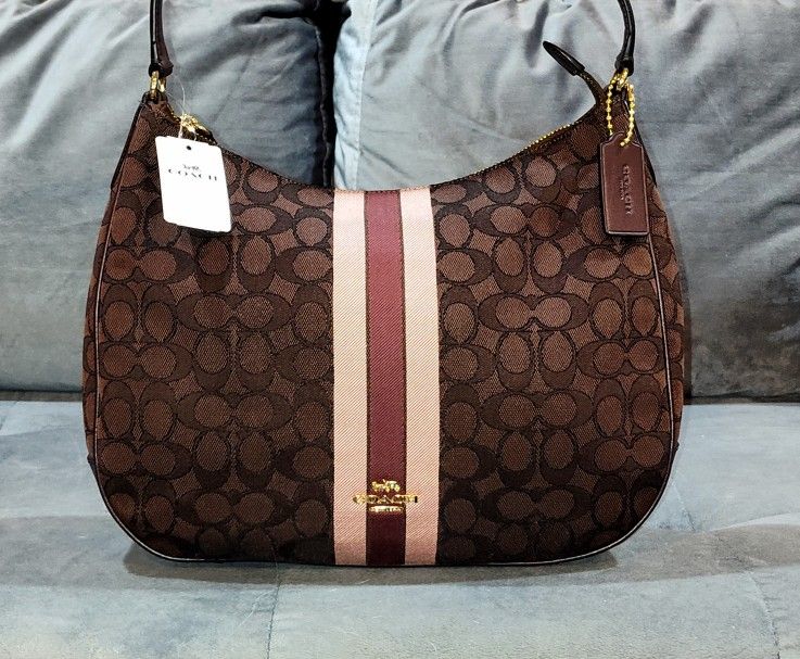 NWT NEW WITH TAGS COACH SIGNATURE STRIPE MONOGRAM JACQUARD BROWN HCOACH SIGNATURE STRIPE MONOGRAM JACQUARD BROWN HOBO/SHOULDER BAG WITH SMOTH ACCENTS