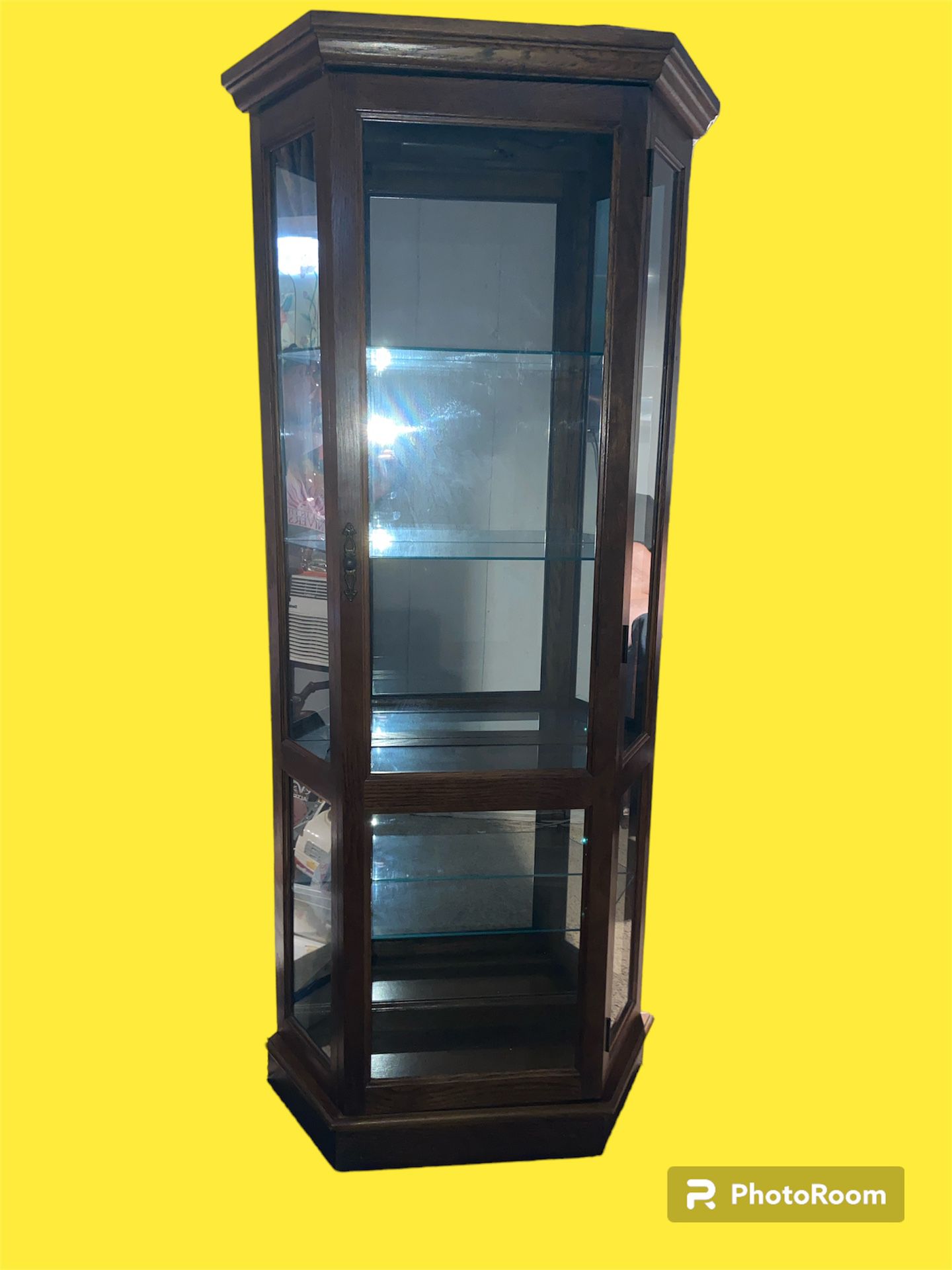 Curio Cabinet Lighted Wooden Corner Display 5 Glass Shelves