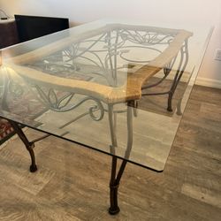 Sturdy Iron Table With Thick, Rectangular, Beveled Glass Top