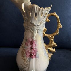 Blue & White Gold Trim Floral Vase Pitcher Home Decor