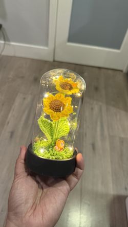 🧶Handmade Crochet Artificial Sunflower Decor Glass Dome LED 