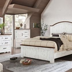 Brand New Distressed White & Walnut Queen Size 4pc Bedroom Set (Available In California & Eastern King)