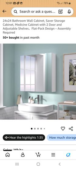 24x24 White Bathroom Medicine Cabinet with Mirror
