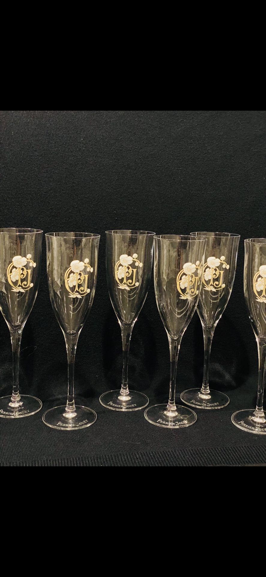 Vintage Perrier-Jouet Signed Champagne Flutes Set of 6 Floral Design & Logo 8”