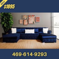 Blue Velvet Double Chaise Sectional With Pillows 