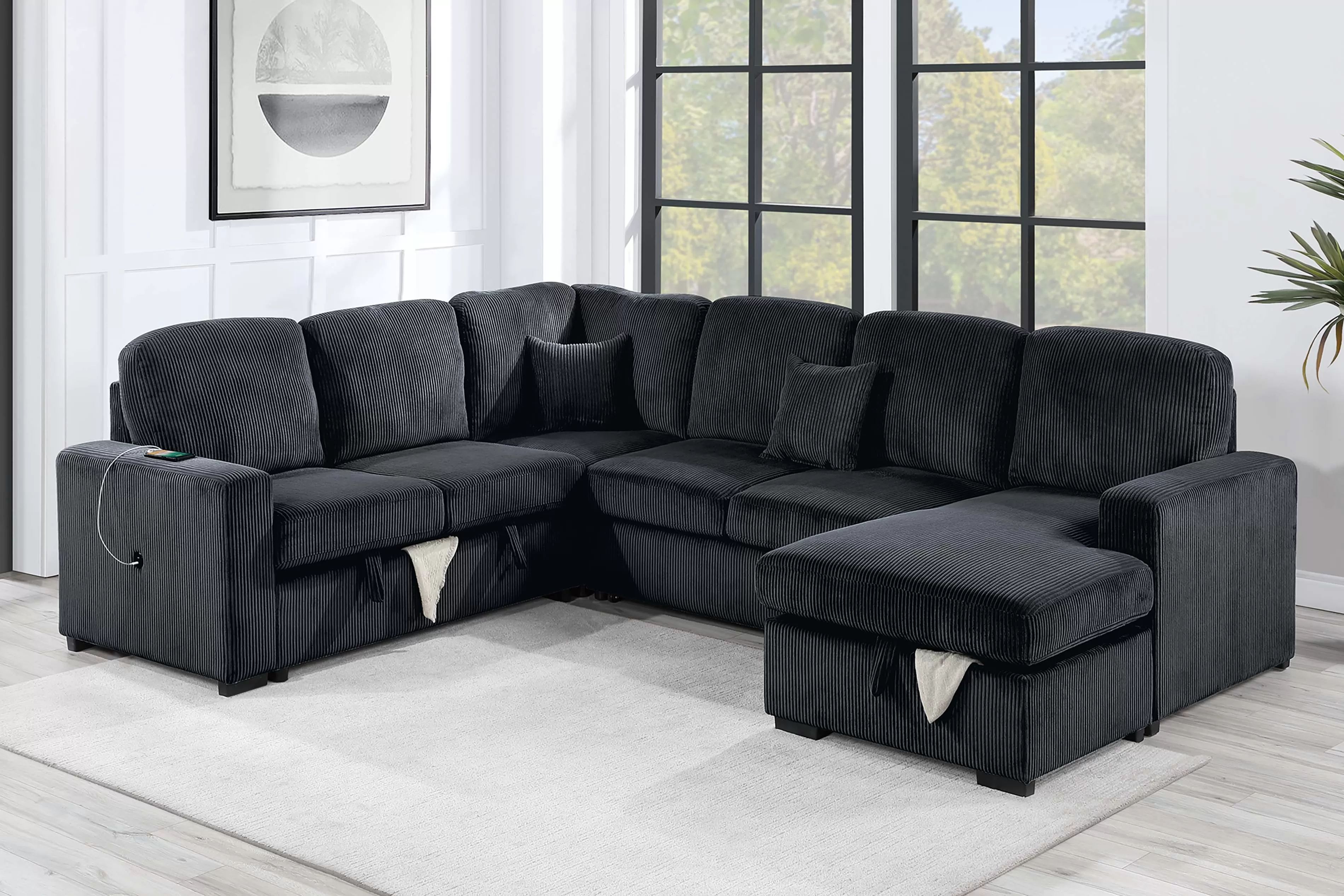 Sectional Convertible Bed Black Corduroy fabric, New Especial price