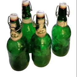 Vintage Empty Grolsch Green Embossed Beer Bottles 