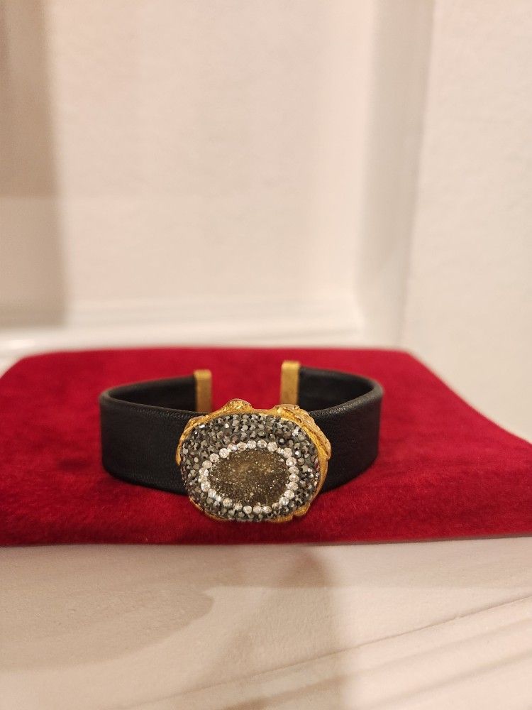 Brand New Adjustable Black Leather Gemstone Bracelet