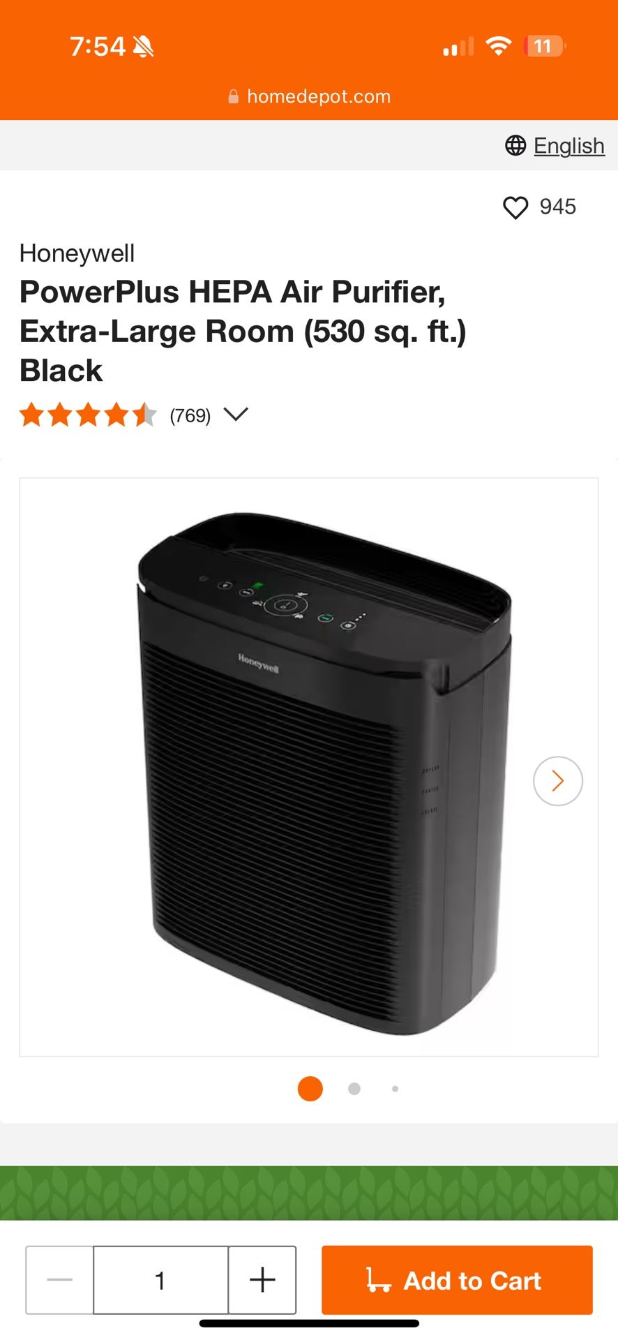 PowerPlus HEPA Air Purifier, Extra-Large Room (530 sq. ft.) Black