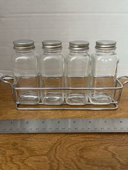 NEW Glass Screw On Cap Condiment and Wire Rack Set
