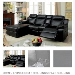 Black Leatherette Sectional Sofa With Recliner