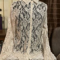 Long Sleeve Lace Blouse Off White Size 12