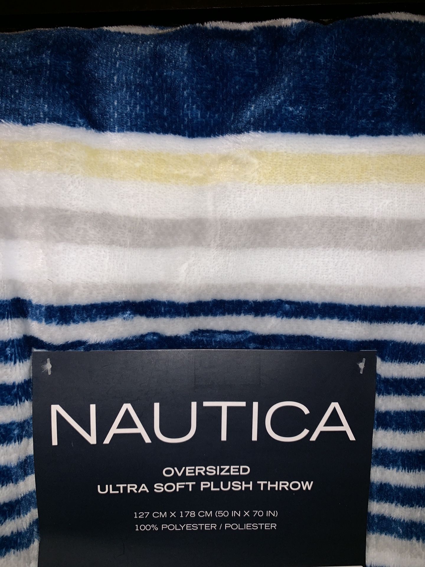 Nautica 50x70” striped soft fleece throw blanket gray yellow white blue stripes NEW