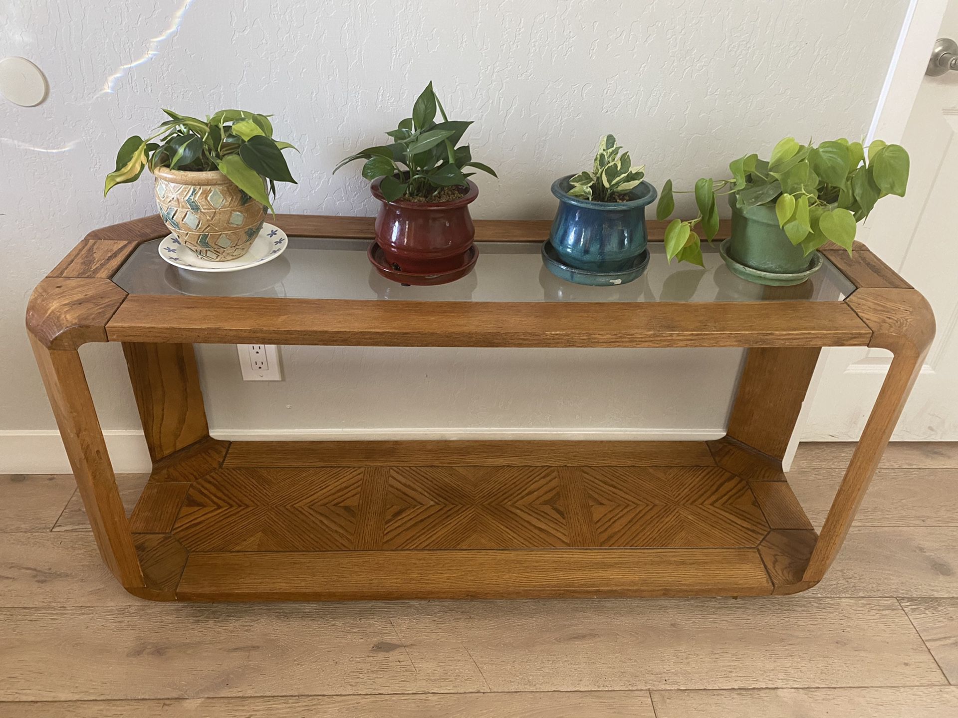 Vintage MCM wood and glass console entry sofa table