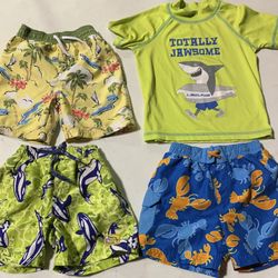 Bundle of toddler boys 24 minth seim trubks and 2T shark with surf board rash guard 