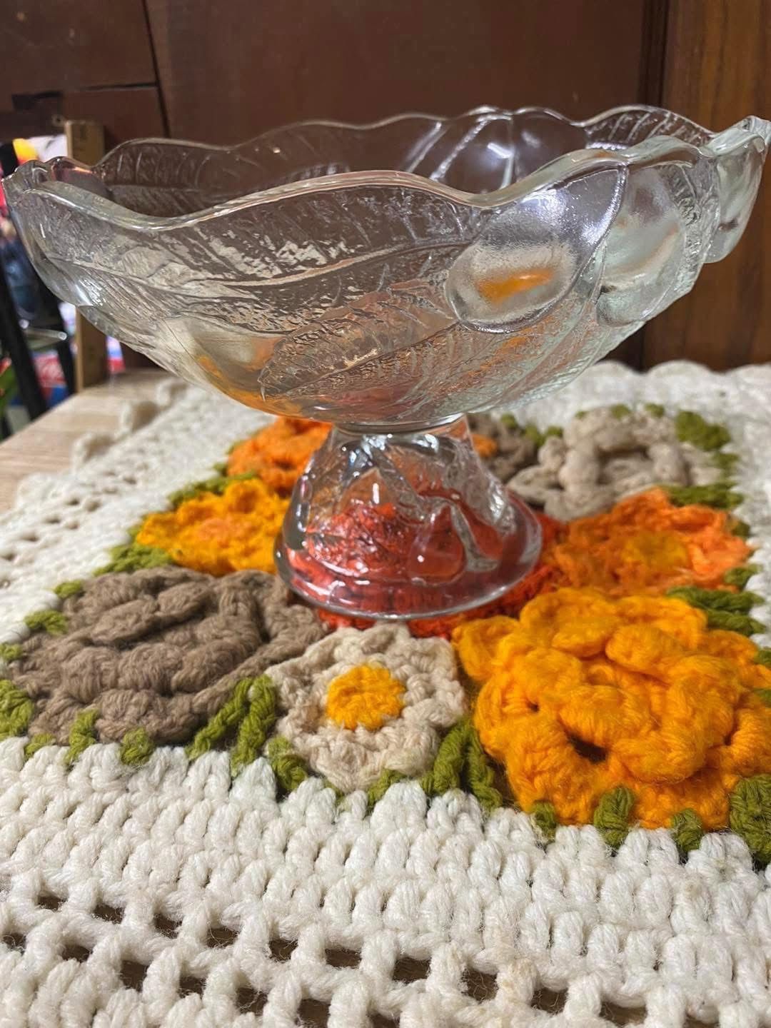 Glass Fruit Bowl or candy dish With Fruit & Leaf Pattern on Pedestal