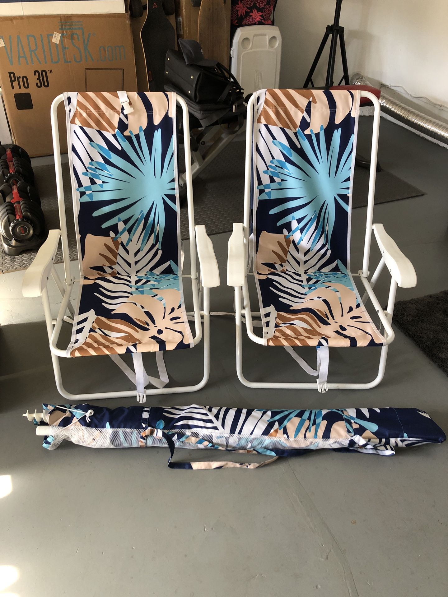 Two Beach Chairs And Matching Umbrella Set