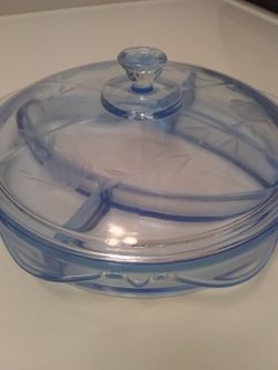 Vintage Blue Glass  Relish Dish With Cover