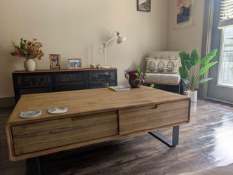 Living Spaces / Forma Natural 47" Wide Rectangle Wood Top & Metal Base Coffee Table Storage