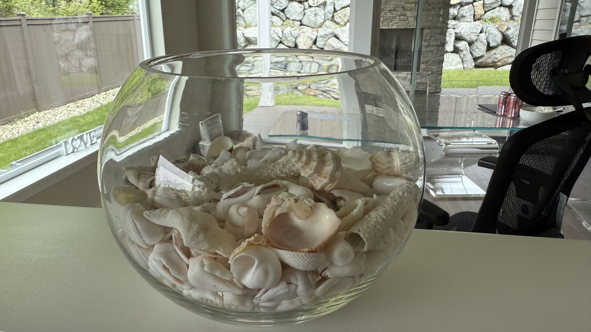 Large Decorative Natural Seashell Glass Vase Jar Bowl 6.5” x  5” x 8”