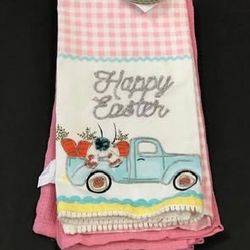 HAPPY EASTER TRUCK BUNNY CARROT KITCHEN DISH TOWEL SET OF 3