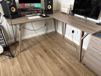 Office corner desk, shelf, filing cabinet