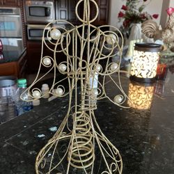 Christmas Holiday angel Candle Holder. Angel wings have pearl 