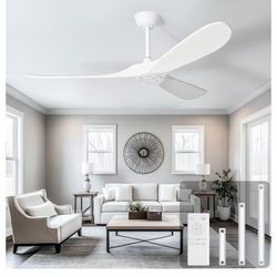heimo 60 Inch White Ceiling Fan No Light，Indoor Outdoor 3 Blade Wood Ceiling Fans Without Lights for Patios Bedroom Living Room Farmhouse Big Outside 