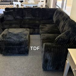 Black Fur Like Corduroy Sectional Sofa Couch + Ottoman (New In Box) 