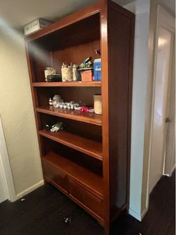 Solid Elm Grove Wood Bookshelf – Tall Bookcase with Drawers
