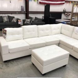 [SPECIAL] Heights White Faux Leather Reversible Sectional with Storage Ottoman /couch /Living room set