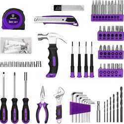 Tool Set: Tool Kit with 8V Cordless Drill, Hand Toolbox with storage case, Tool set for Home Repairs 126 Piece, Purple