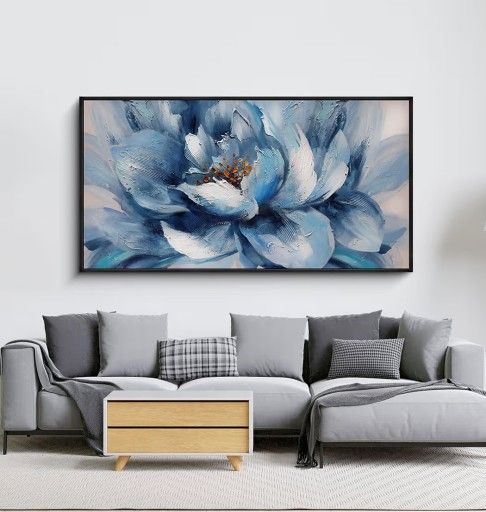 Elevate your living space with this breathtaking masterpiece of modern artistry—a stunning oversized abstract blue lotus flower oil painting, expertly