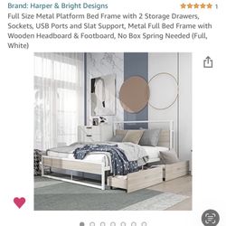 Brand New Full sized Bed Frame, Metal Platform Bed with 2 Storage Drawers, Sockets, USB ports and Slat support- Opened, but never assembled 