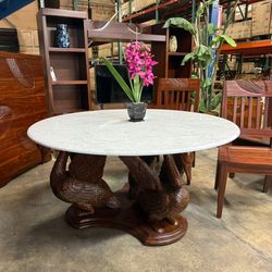 Hand Carved Solid Wood Swan Dining Table With Marble Top 