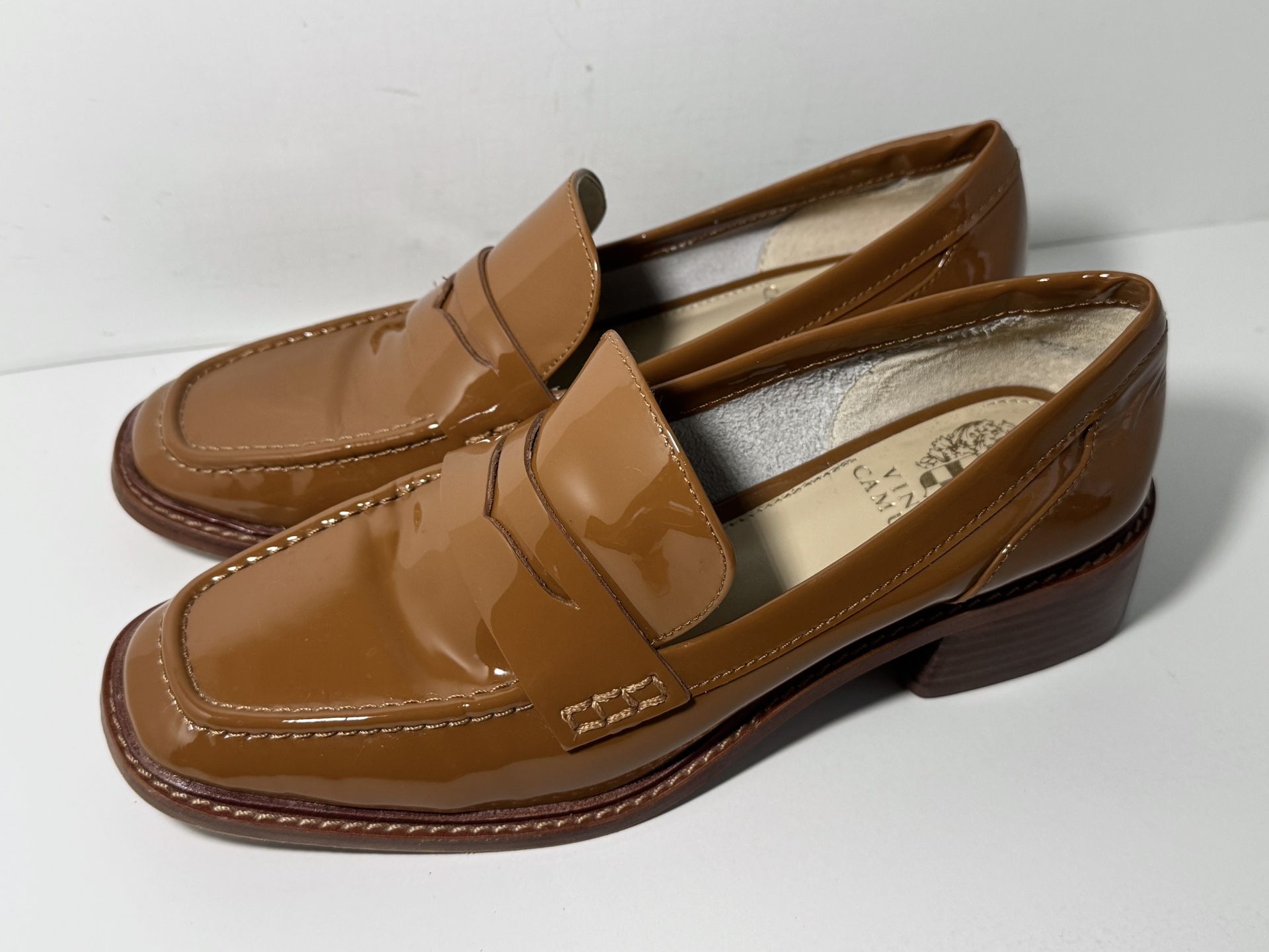 Vince Camuto Eckinti Women Leather Slip On Dress Loafers Brown Caramel Glossy