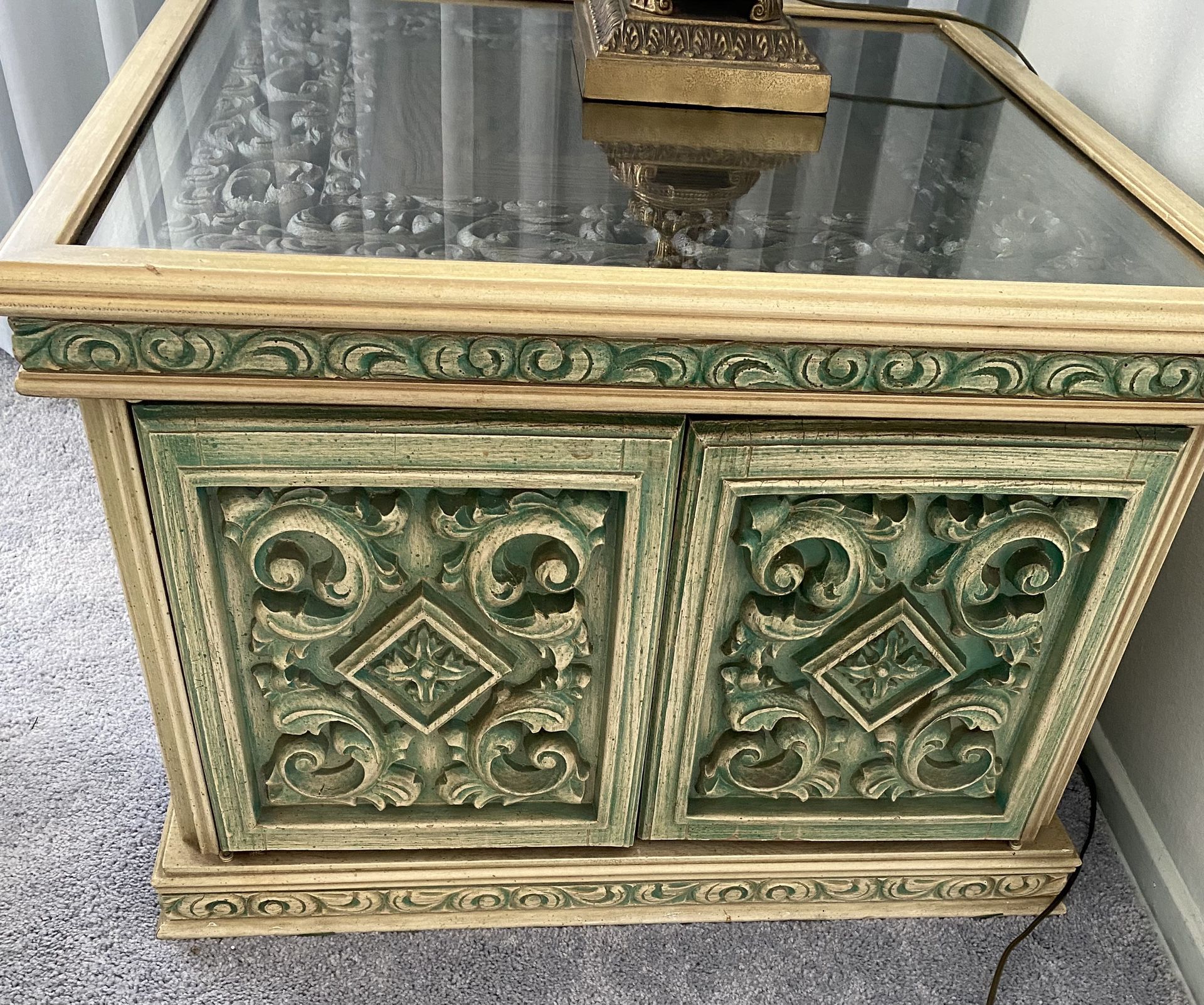 Antique Green Carved Wood End Tables
