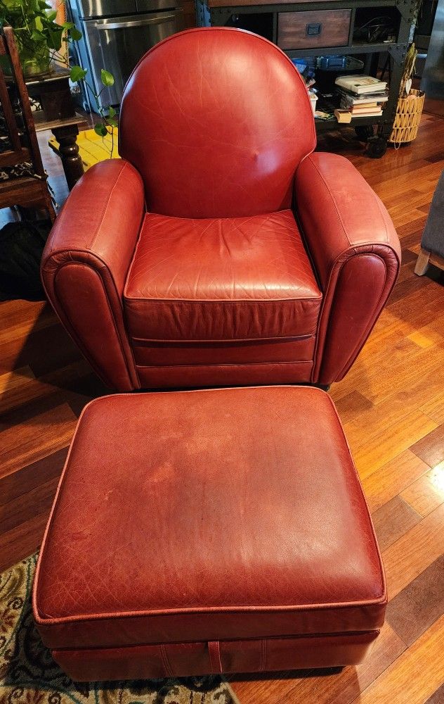 Pottery Barn Style 100% Leather Reclining Arm Chair and Ottoman