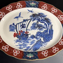 Vintage Japanese Imari Arita Large Porcelain Oval Platter 4x17 Red Blue Gold EXC